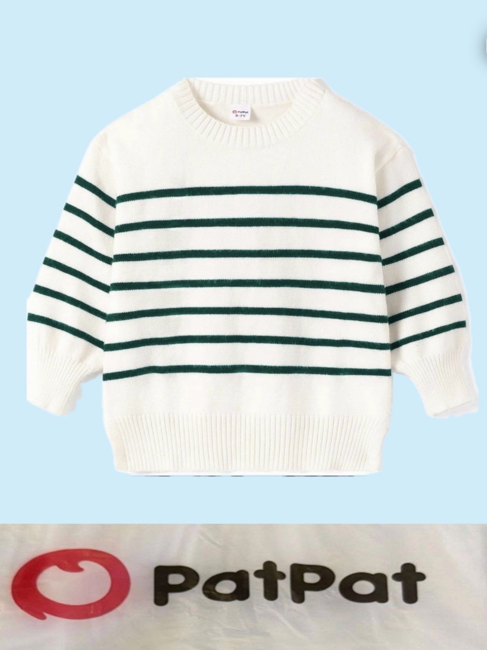 PatPat knit sweater size 9-10 years. Green and white long sleeved. Modern crew